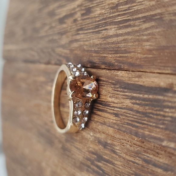 Elegant champagne Gemstone Ring with‎ Halo and Split Shank Design